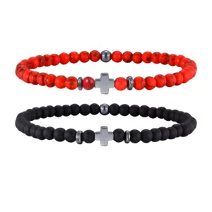 Gallstone Cross Beaded Bracelet, 4mm Red Pine Stone Black Onyx - Image 9