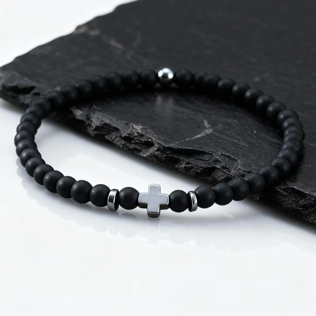 Gallstone Cross Beaded Bracelet, 4mm Red Pine Stone Black Onyx
