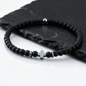Gallstone Cross Beaded Bracelet, 4mm Red Pine Stone Black Onyx - Image 5
