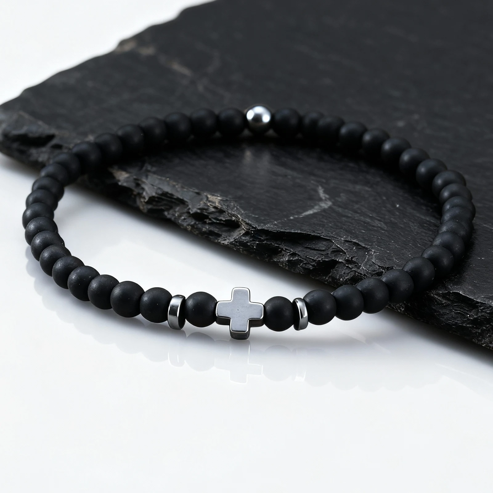 Gallstone Cross Beaded Bracelet, 4mm Red Pine Stone Black Onyx - Image 5