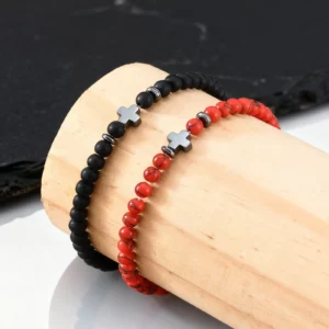 Gallstone Cross Beaded Bracelet, 4mm Red Pine Stone Black Onyx - Image 6
