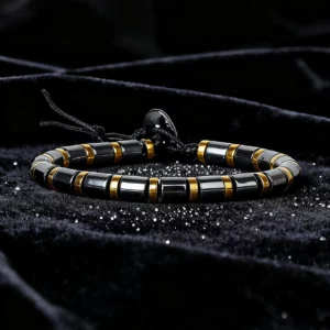 Hematite Stone Bracelet with Gold Spacers and Leather Cord - Image 2