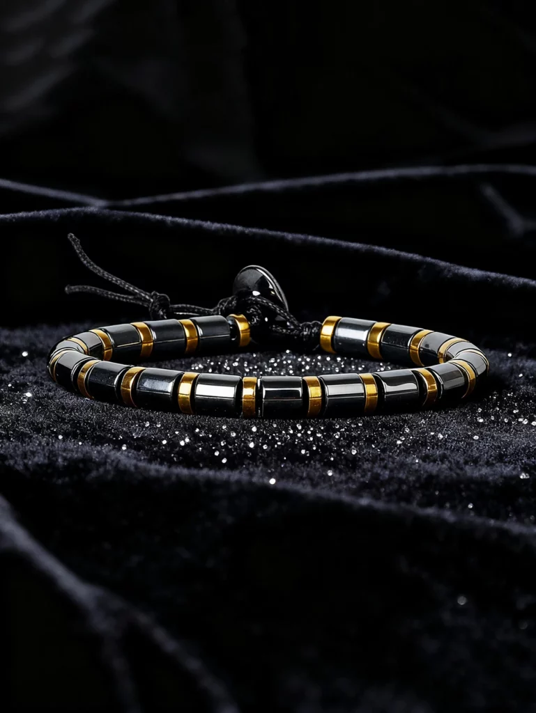 Hematite Stone Bracelet with Gold Spacers and Leather Cord
