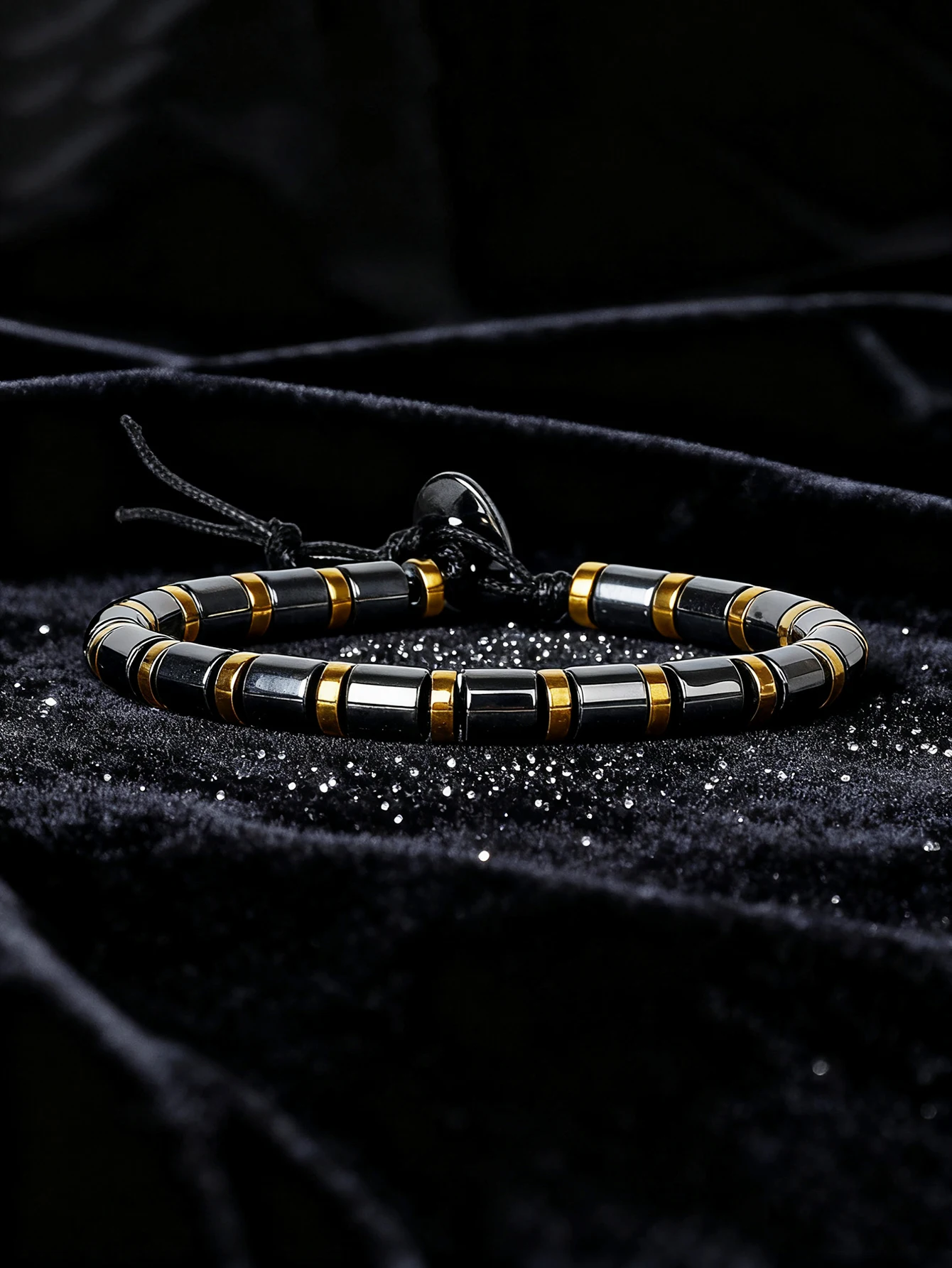Hematite Stone Bracelet with Gold Spacers and Leather Cord - Image 2