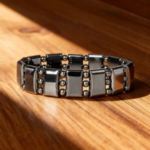 Hematite Stone Bracelet with Gold Spacers and Leather Cord - Image 11