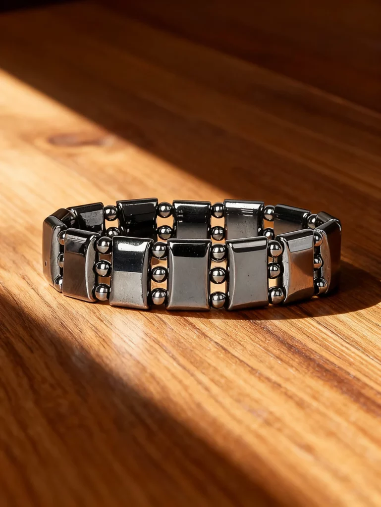 Hematite Stone Bracelet with Gold Spacers and Leather Cord