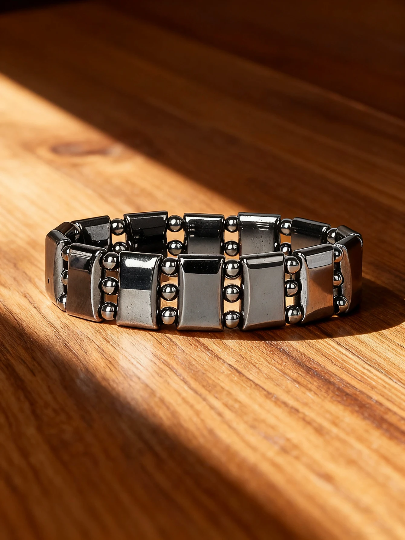 Hematite Stone Bracelet with Gold Spacers and Leather Cord - Image 11