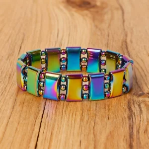Hematite Stone Bracelet with Gold Spacers and Leather Cord - Image 10
