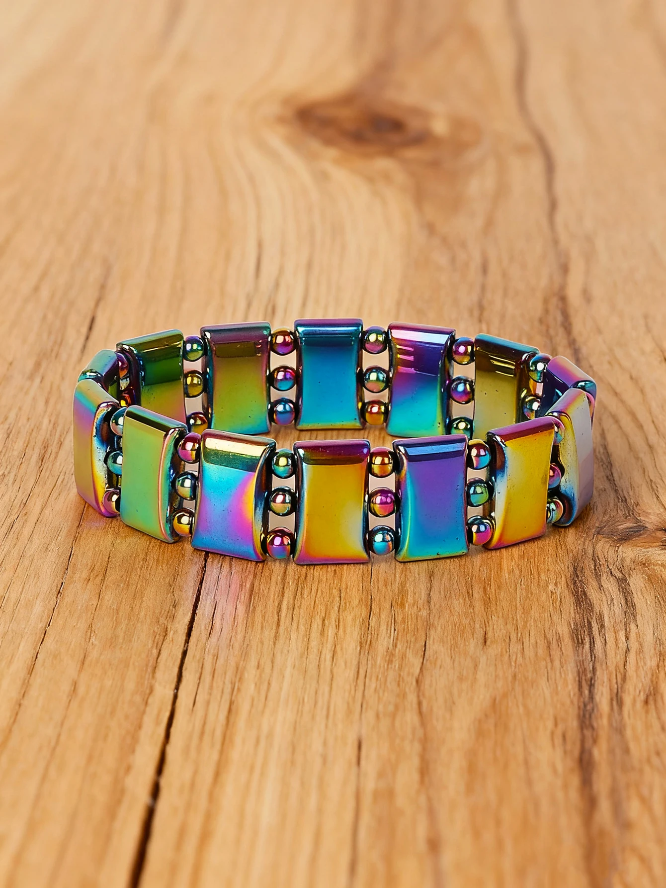 Hematite Stone Bracelet with Gold Spacers and Leather Cord - Image 10