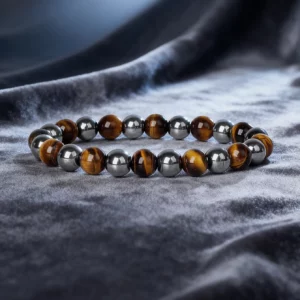 Hematite Stone Bracelet with Gold Spacers and Leather Cord - Image 42
