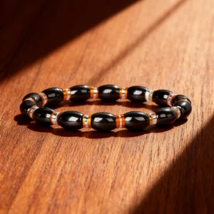Hematite Stone Bracelet with Gold Spacers and Leather Cord - Image 17