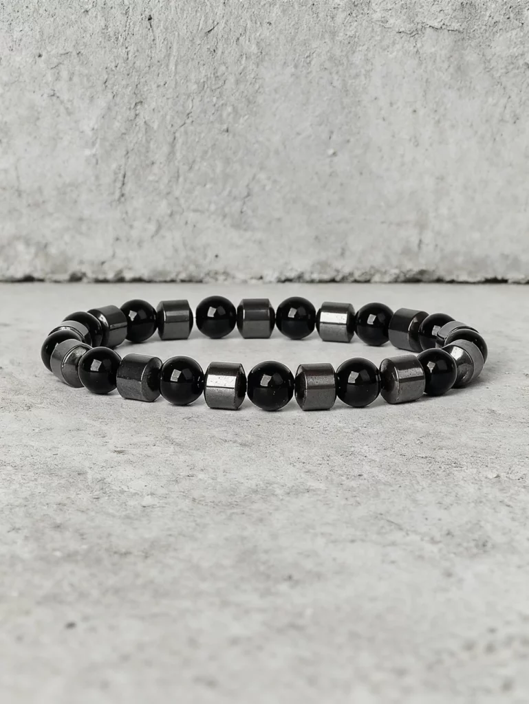 Hematite Stone Bracelet with Gold Spacers and Leather Cord