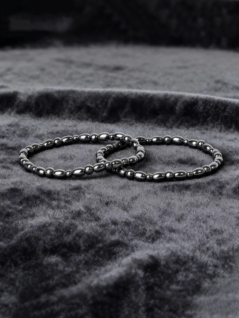Hematite Stone Bracelet with Gold Spacers and Leather Cord