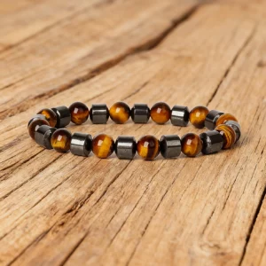 Hematite Stone Bracelet with Gold Spacers and Leather Cord - Image 40