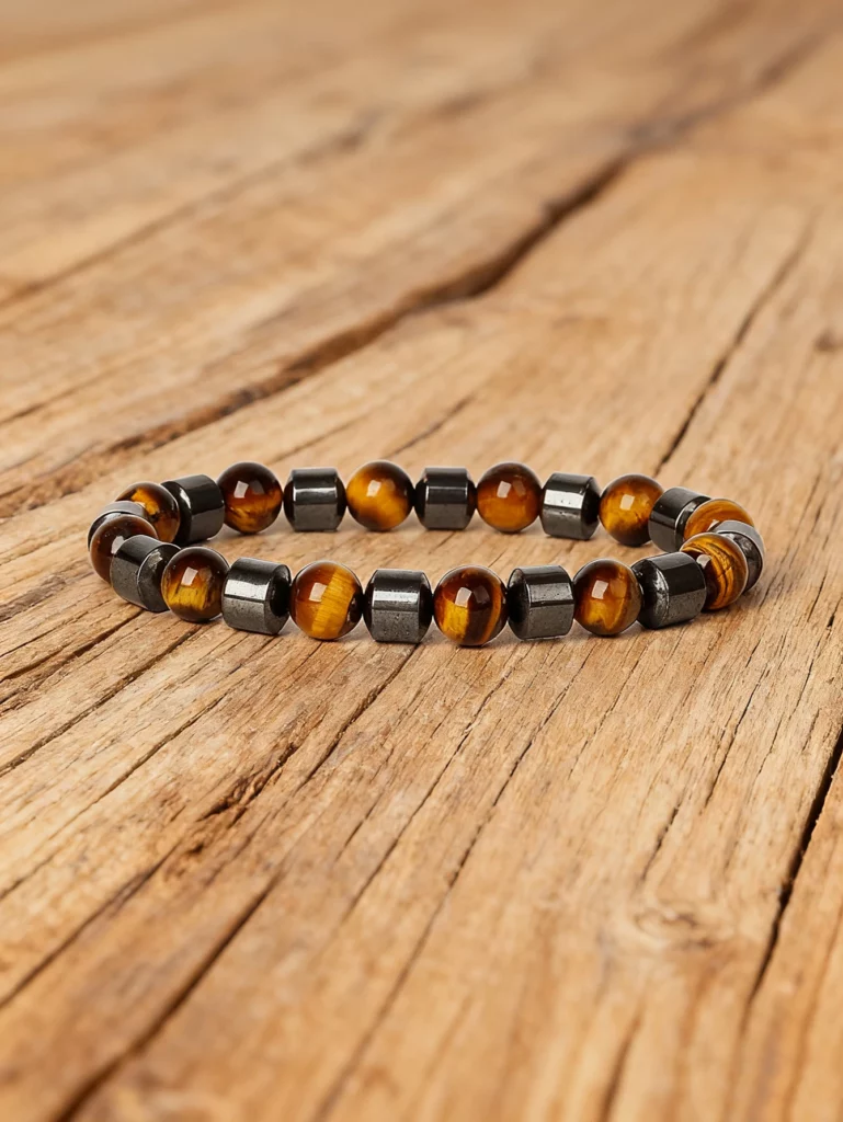 Hematite Stone Bracelet with Gold Spacers and Leather Cord