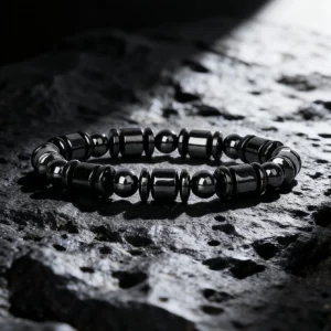 Hematite Stone Bracelet with Gold Spacers and Leather Cord - Image 34