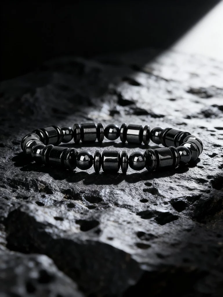 Hematite Stone Bracelet with Gold Spacers and Leather Cord