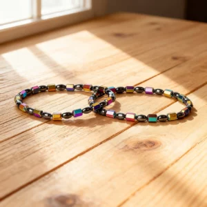 Hematite Stone Bracelet with Gold Spacers and Leather Cord - Image 14