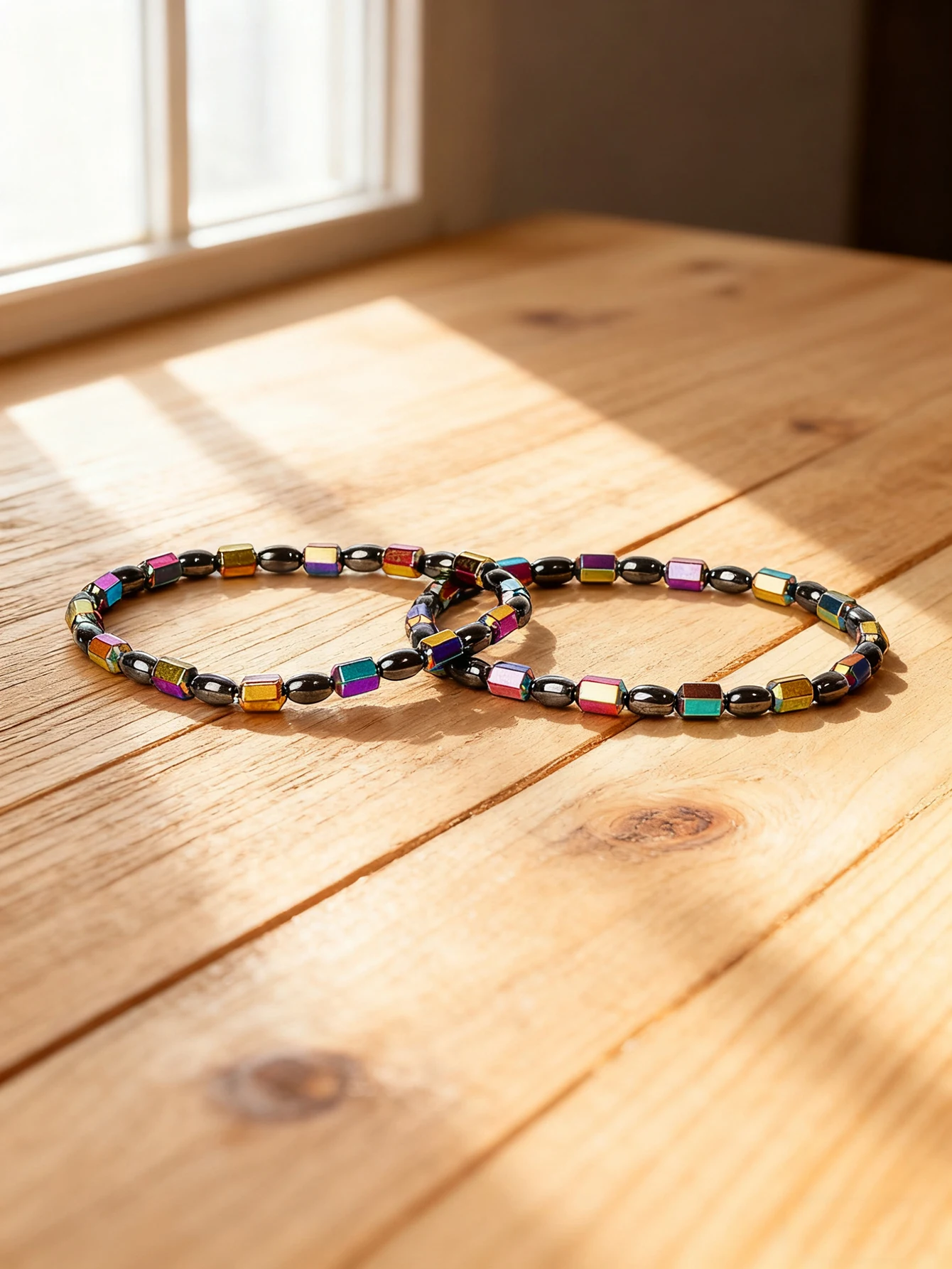 Hematite Stone Bracelet with Gold Spacers and Leather Cord - Image 14