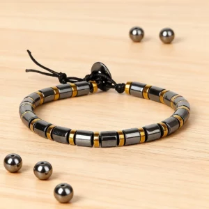 Hematite Stone Bracelet with Gold Spacers and Leather Cord - Image 3