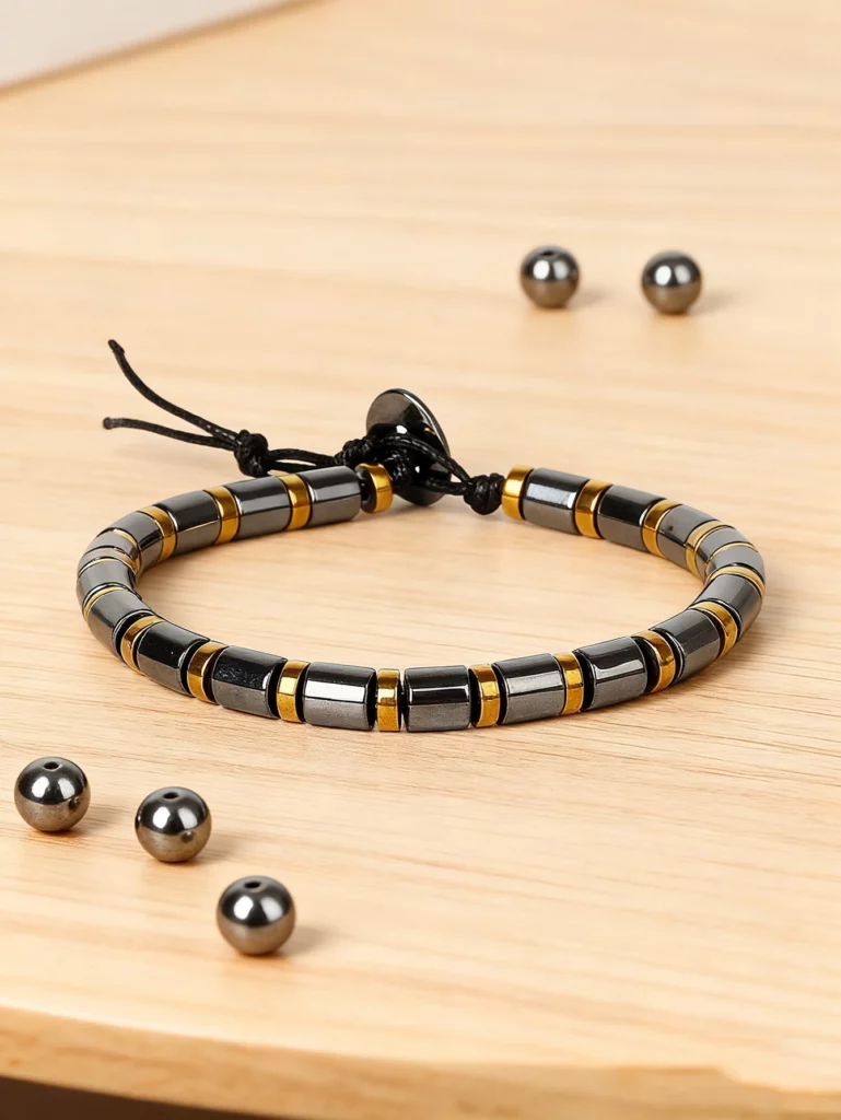Hematite Stone Bracelet with Gold Spacers and Leather Cord