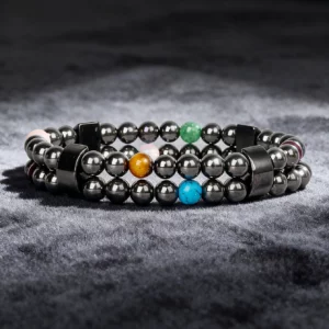 Hematite Stone Bracelet with Gold Spacers and Leather Cord - Image 33
