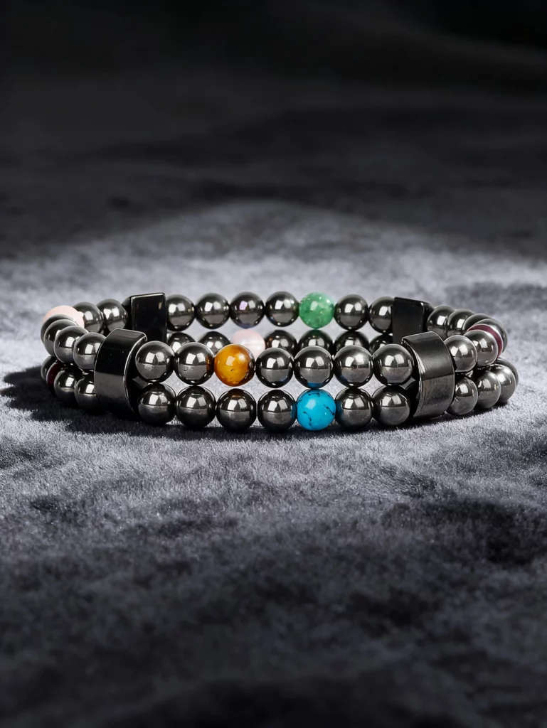 Hematite Stone Bracelet with Gold Spacers and Leather Cord