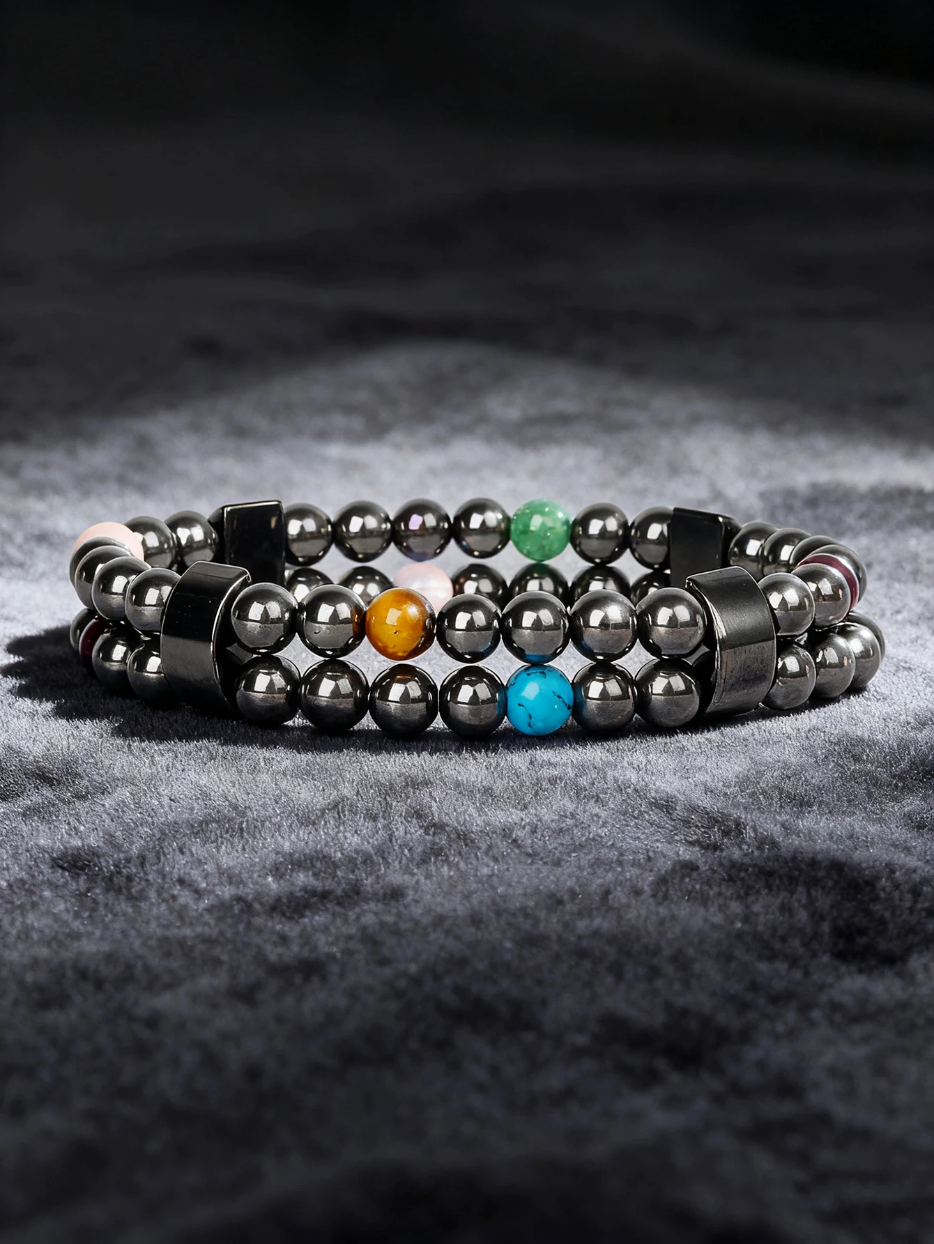 Hematite Stone Bracelet with Gold Spacers and Leather Cord - Image 33