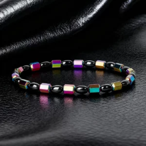 Hematite Stone Bracelet with Gold Spacers and Leather Cord - Image 19