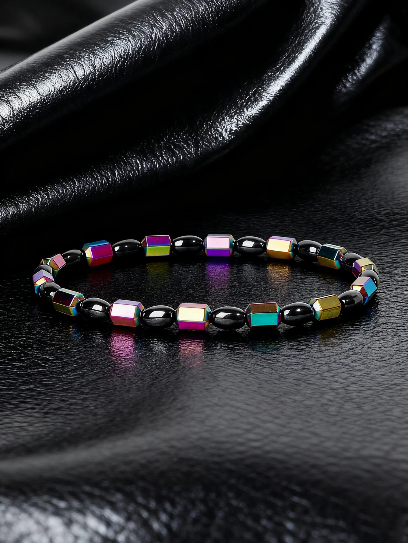 Hematite Stone Bracelet with Gold Spacers and Leather Cord - Image 19