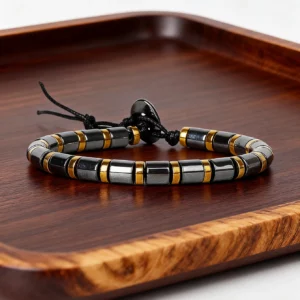 Hematite Stone Bracelet with Gold Spacers and Leather Cord - Image 4