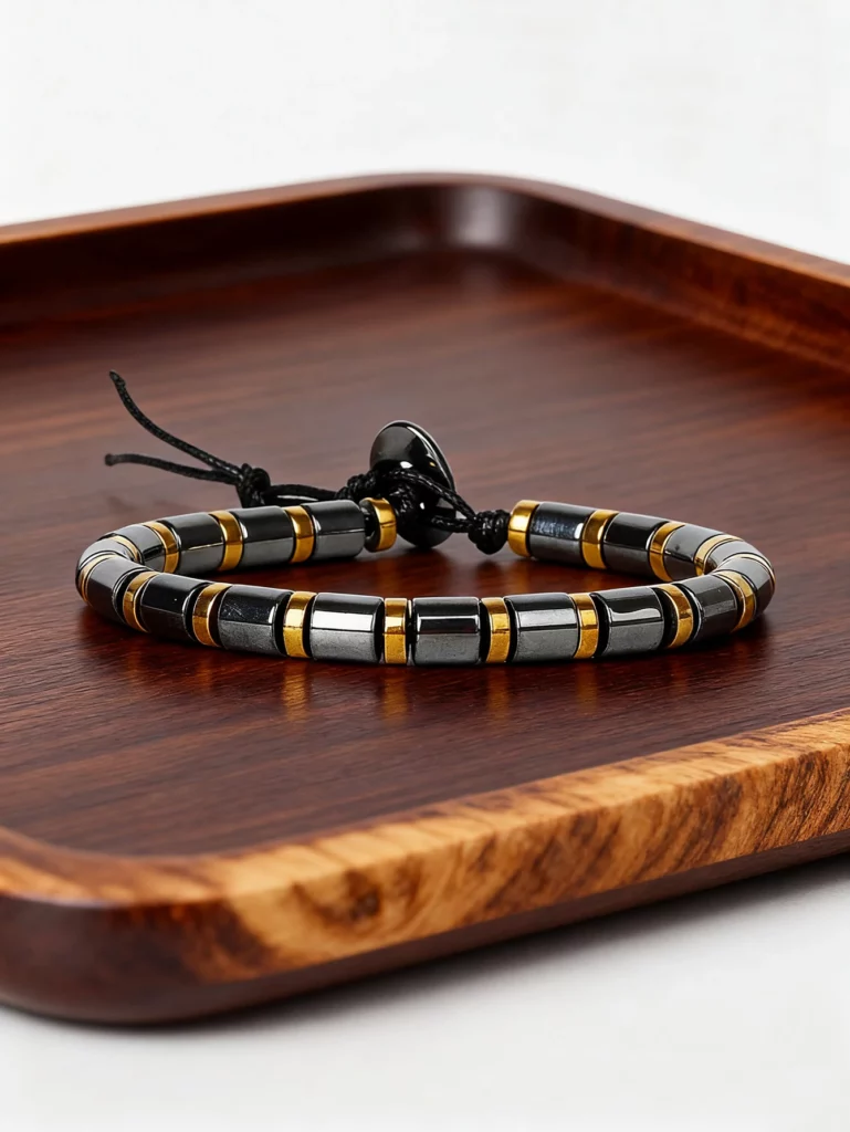 Hematite Stone Bracelet with Gold Spacers and Leather Cord