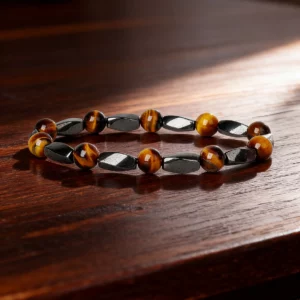 Hematite Stone Bracelet with Gold Spacers and Leather Cord - Image 22