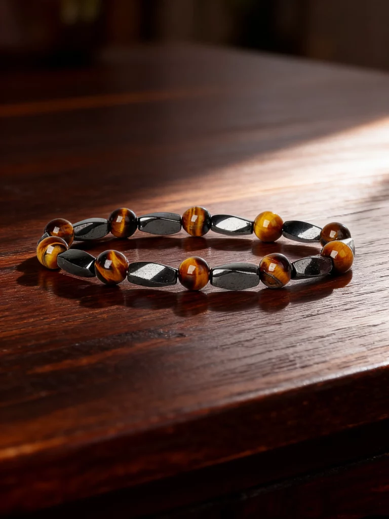 Hematite Stone Bracelet with Gold Spacers and Leather Cord