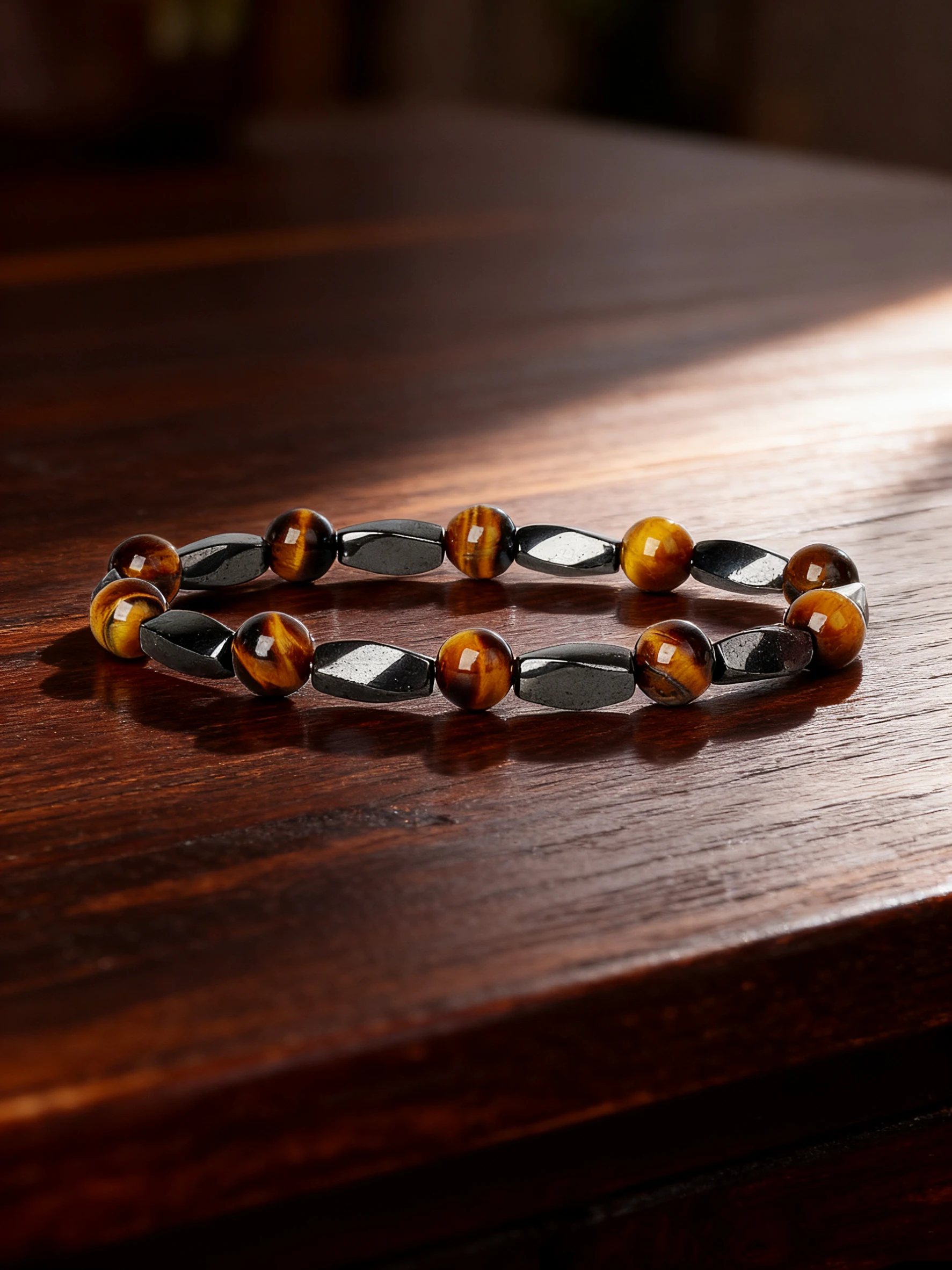 Hematite Stone Bracelet with Gold Spacers and Leather Cord - Image 22