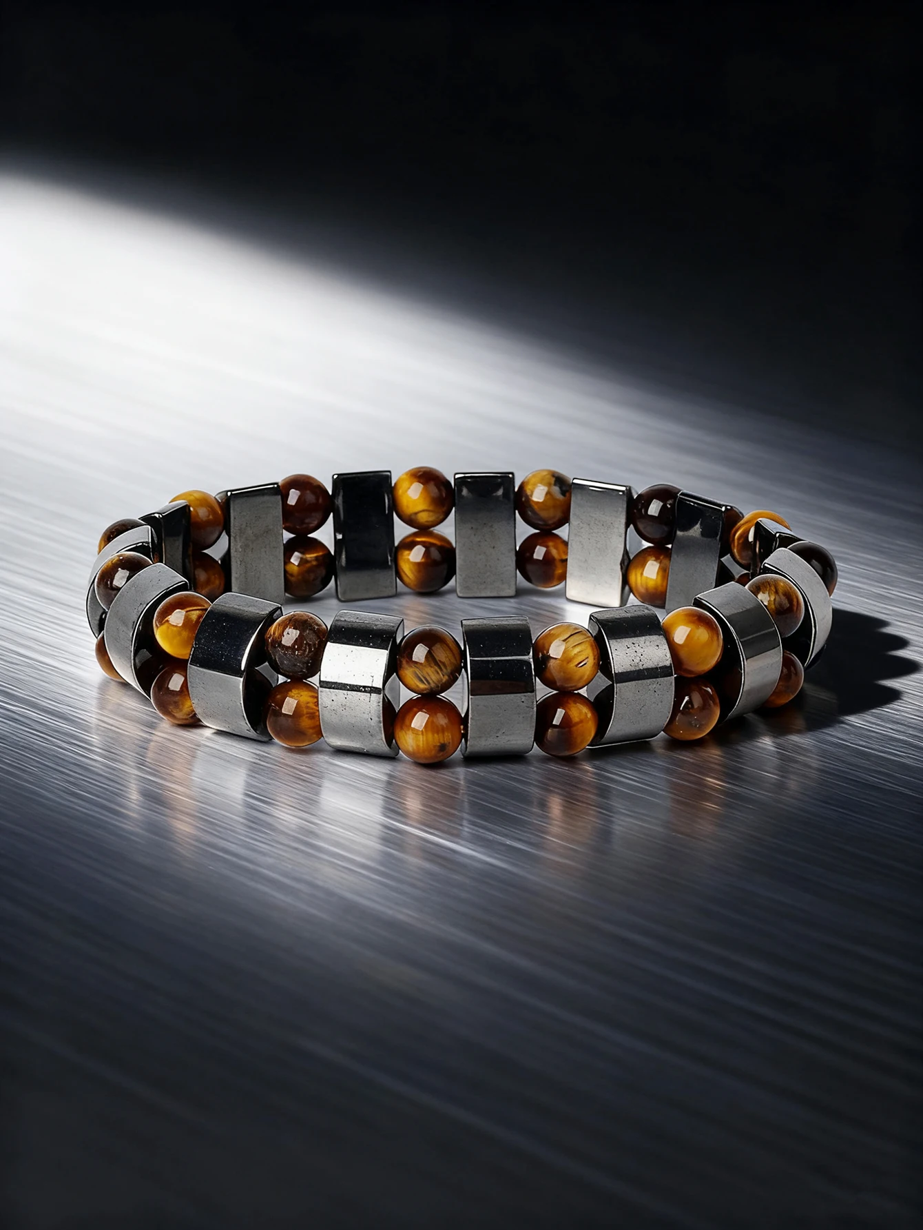 Hematite Stone Bracelet with Gold Spacers and Leather Cord - Image 18
