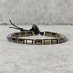 Hematite Stone Bracelet with Gold Spacers and Leather Cord - Image 5