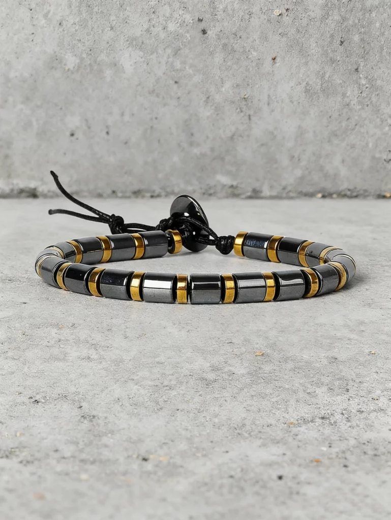 Hematite Stone Bracelet with Gold Spacers and Leather Cord