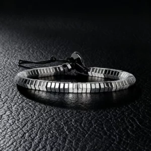 Hematite Stone Bracelet with Gold Spacers and Leather Cord - Image 9