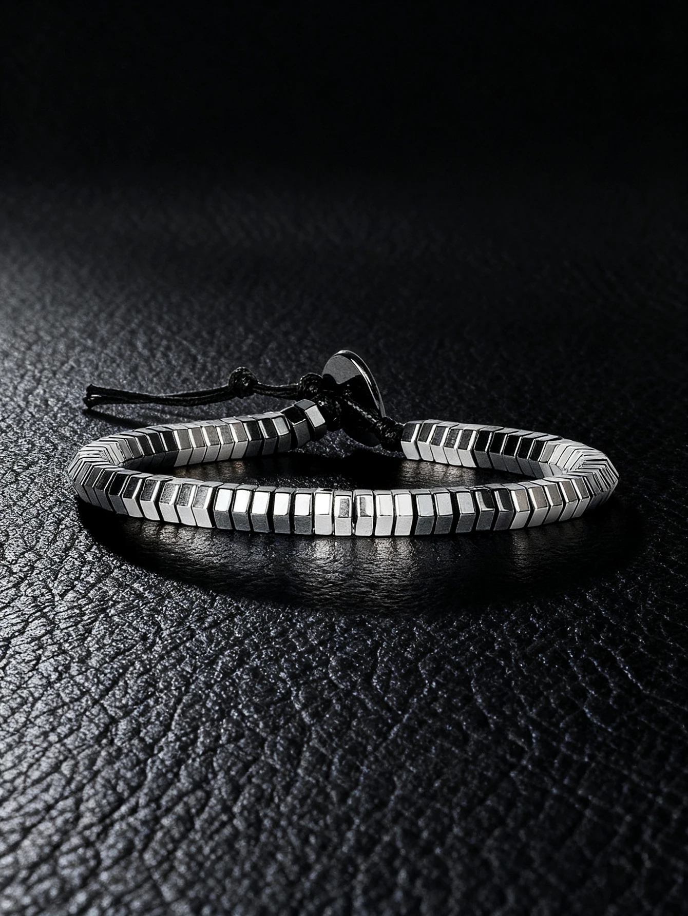 Hematite Stone Bracelet with Gold Spacers and Leather Cord - Image 9