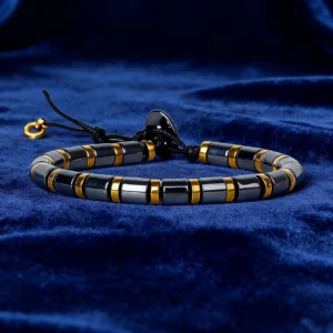 Hematite Stone Bracelet with Gold Spacers and Leather Cord - Image 6