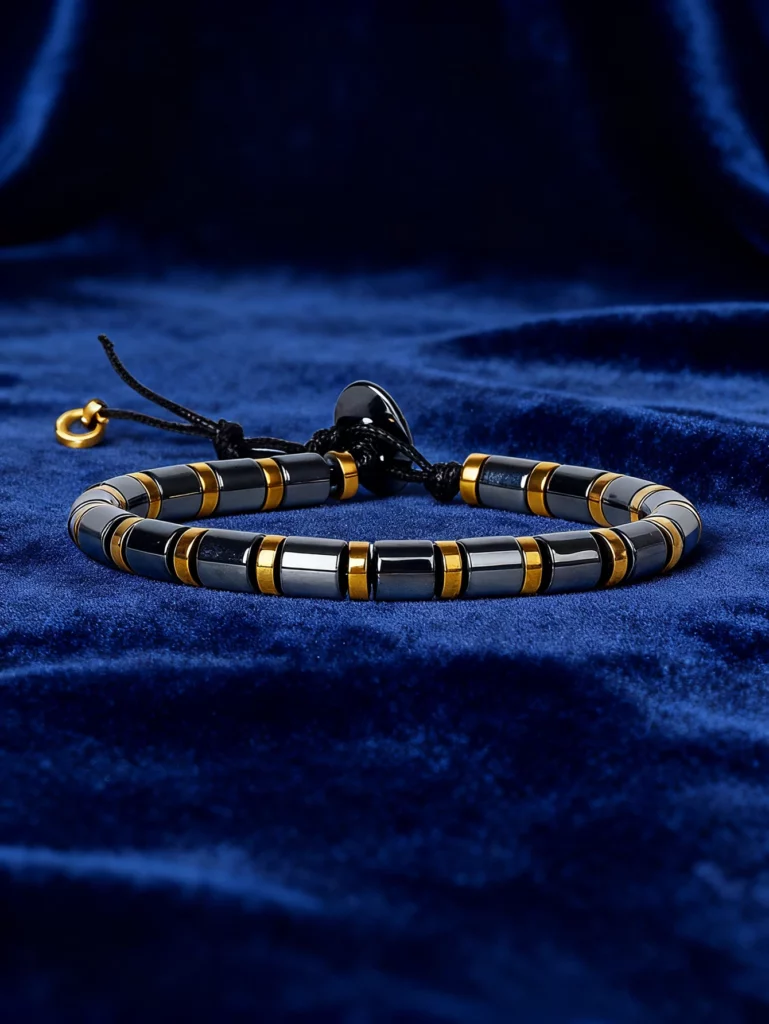 Hematite Stone Bracelet with Gold Spacers and Leather Cord