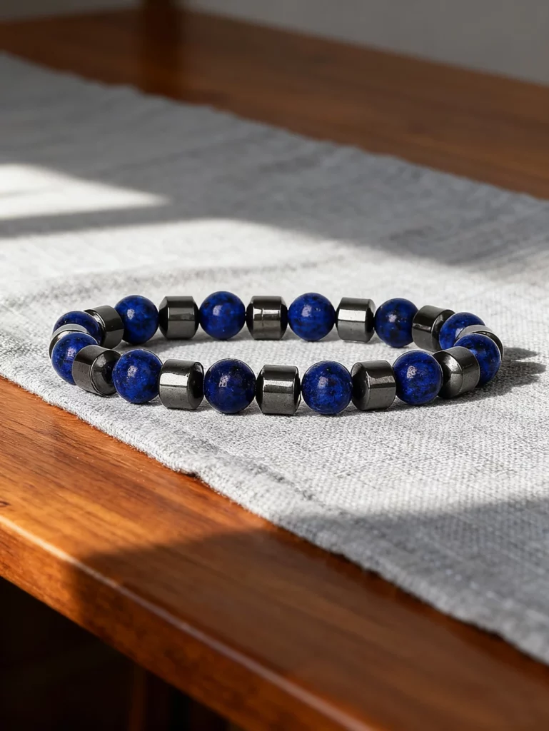 Hematite Stone Bracelet with Gold Spacers and Leather Cord