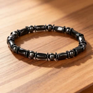 Hematite Stone Bracelet with Gold Spacers and Leather Cord - Image 7