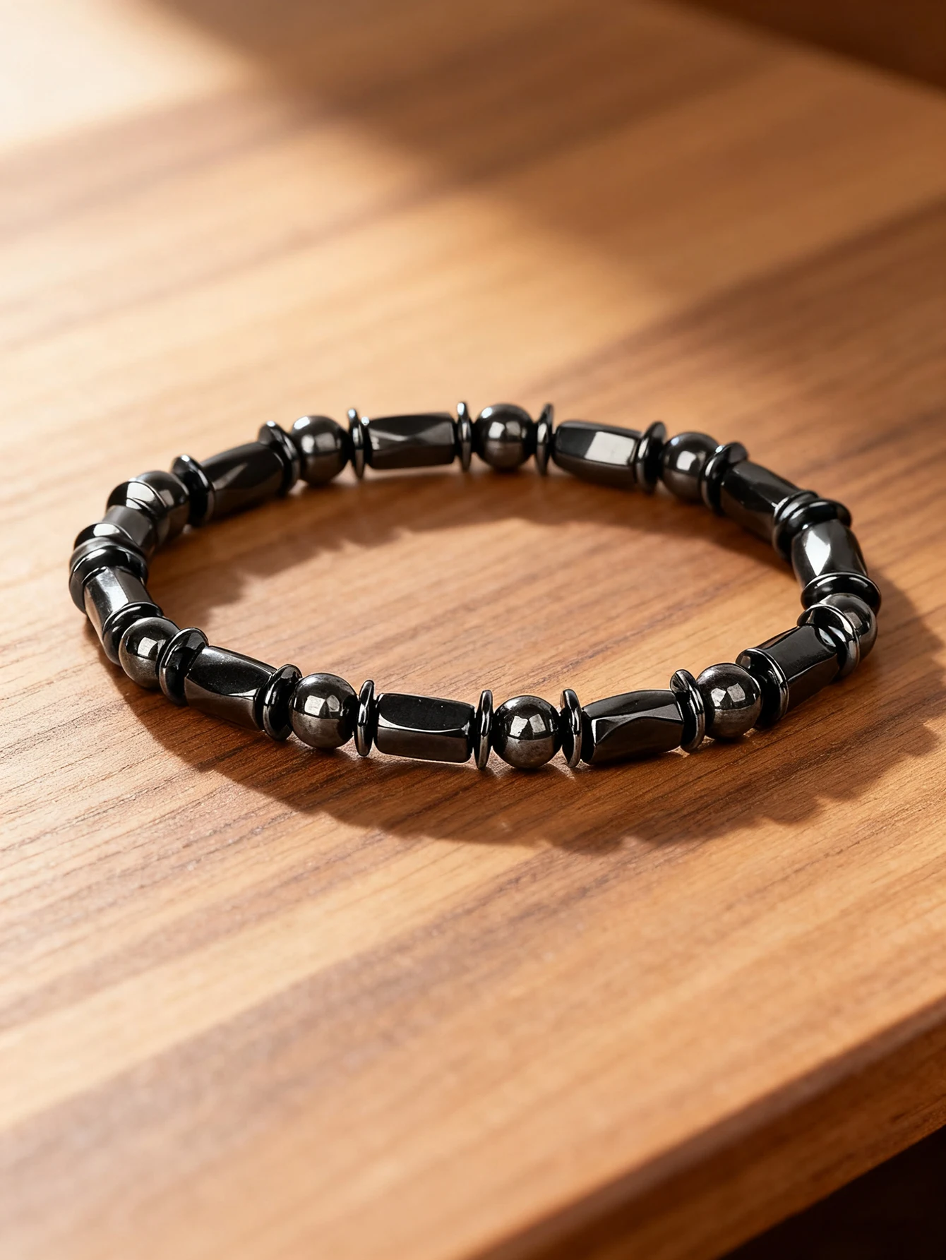 Hematite Stone Bracelet with Gold Spacers and Leather Cord - Image 7
