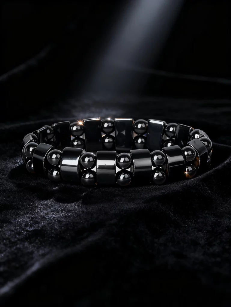 Hematite Stone Bracelet with Gold Spacers and Leather Cord