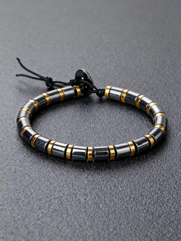 Hematite Stone Bracelet with Gold Spacers and Leather Cord