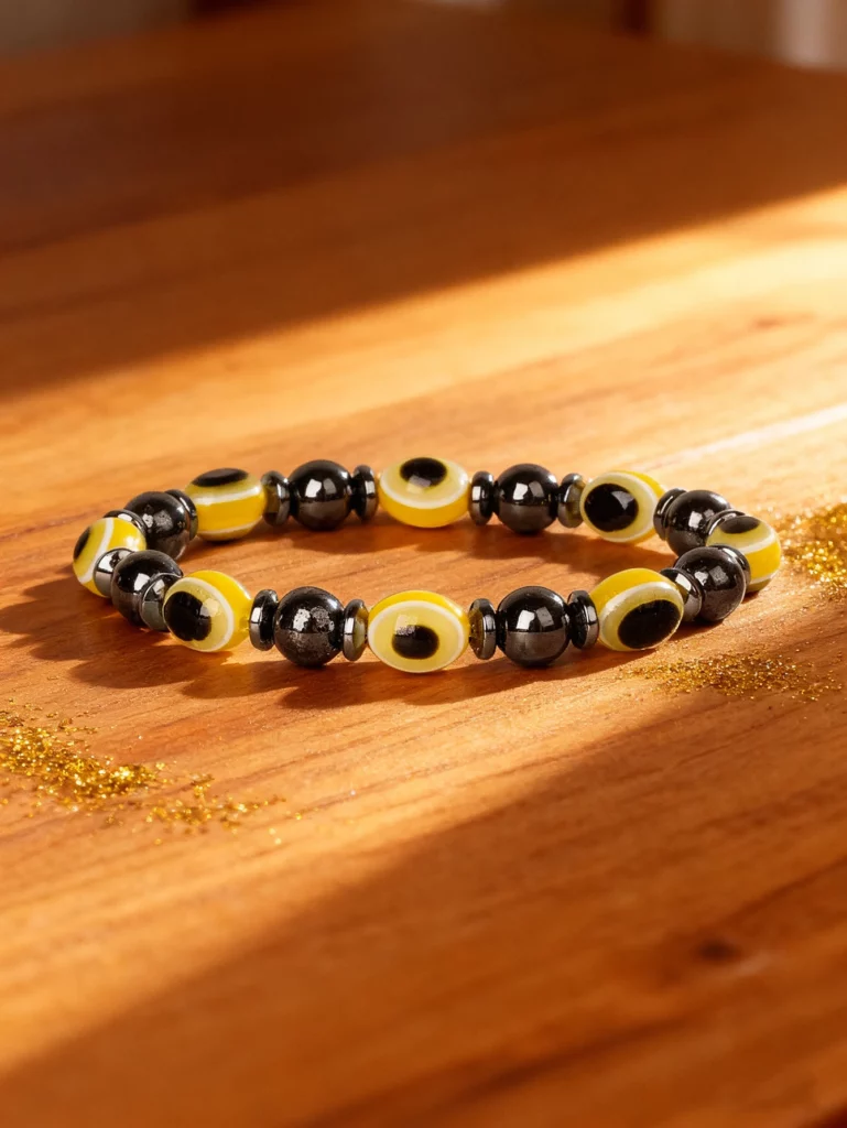 Hematite Stone Bracelet with Gold Spacers and Leather Cord