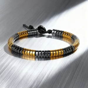 Hematite Stone Bracelet with Gold Spacers and Leather Cord - Image 13