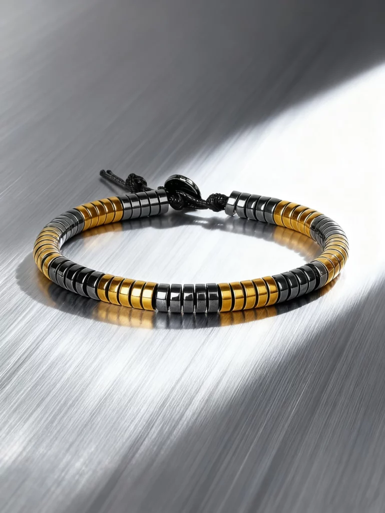 Hematite Stone Bracelet with Gold Spacers and Leather Cord
